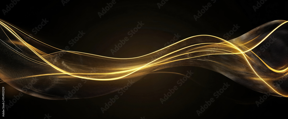 Poster abstract golden light effect wave flowing, glowing wavy lines forming an abstract futuristic shape o