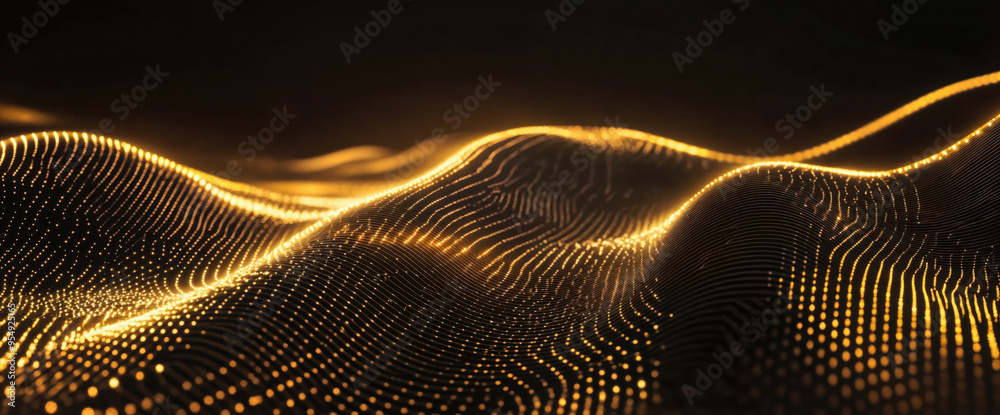 Poster Abstract golden particles are flowing creating a wavy surface. High quality photo