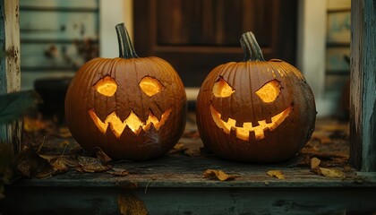 Obraz premium Scary faces carved into pumpkins, set on a porch, spooky style, soft lighting, close-up, warm tones, high detail