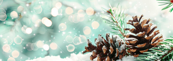 Festive background with green pine tree branches and snow falling, banner, copy space concept for nature, Christmas, New Year, winter season, and spring background, banner