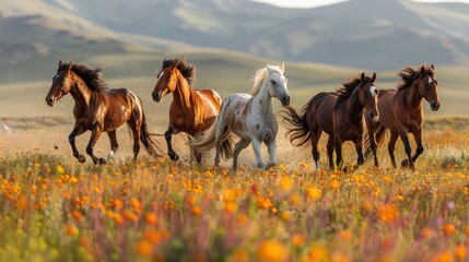 Majestic horses galloping through vibrant wildflower meadows in the golden light of sunset. Generative AI