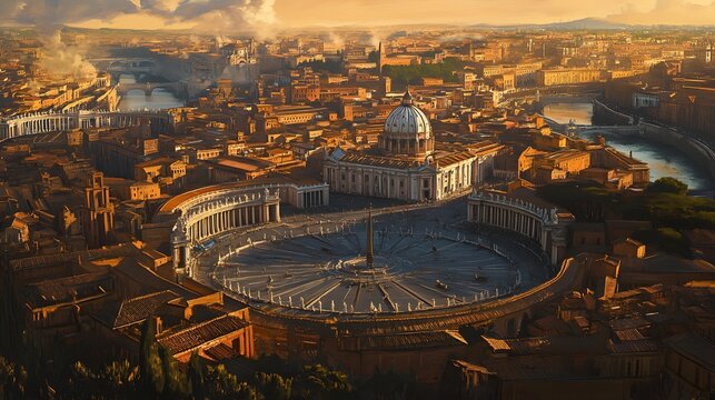 109. **Depict the Vatican City with St. Peter is Basilica and the surrounding historic piazza bathed in sunlight.**