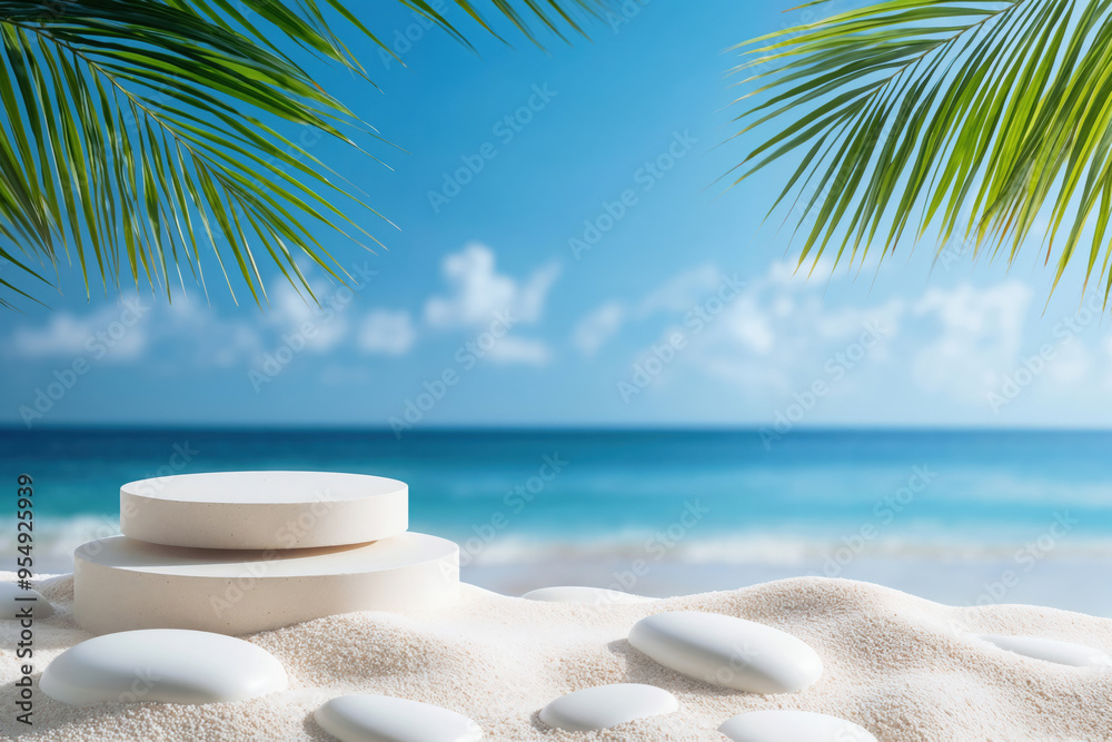 Poster empty white round display on a tropical beach with palm tree leaves framing the scene, ideal for sho