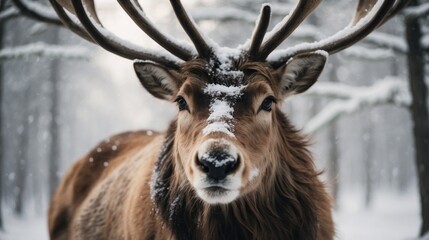 Obraz premium Majestic deer with snow-covered antlers gazing intently in wintry forest backdrop
