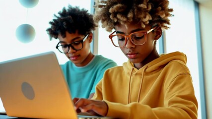 Diverse teenage students using tablet together in school library, African American boy and girl with glasses collaborating on digital device, engaged learning with educational technology - Powered by Adobe