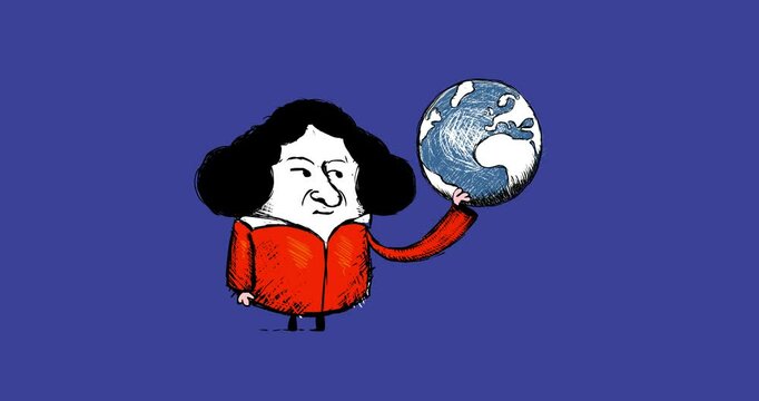 Copernicus is moving earth cartoon animation isolated. Cute animated human character scientific subject. Science, discovery, education in doodle color linear style with transparency. 
