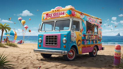 A fun and nostalgic illustration of a colorful ice cream truck parked on a sandy beach, with bright, cartoonish details like ice cream cones