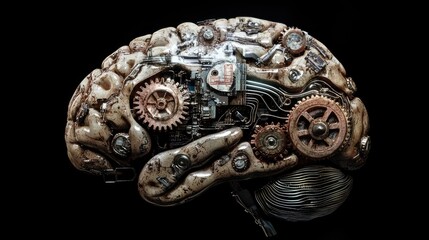 Fototapeta premium A highly detailed image of a brain with gears and circuits integrated, representing the concept of artificial intelligence and innovation.