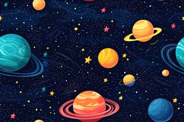 Colorful celestial space background with planets, stars and galaxies