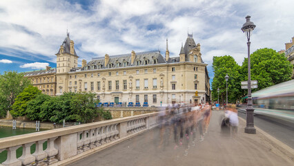 Building of Cour de cassation and traffic on Saint-Michel bridge timelapse hyperlapse in Paris, France