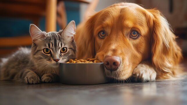 A cat and dog share a bowl of food. This image can be used to represent pet food, pet care, or animal companionship.