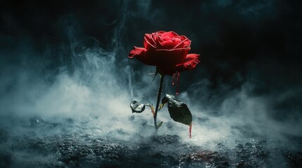 A red rose with blood flowing onto the ground, bathed in magical light, set against a black backdrop with soft white smog for a dramatic effect