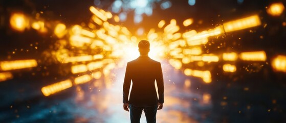 Silhouette of a person standing before a vibrant explosion of light, representing hope, ambition, and new beginnings.