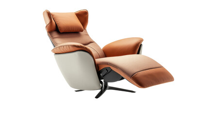 Naklejka premium A luxurious and comfortable brown leather recliner chair on a black background. The chair has a white base and a brown leather headrest. It invites you to relax and unwind. 