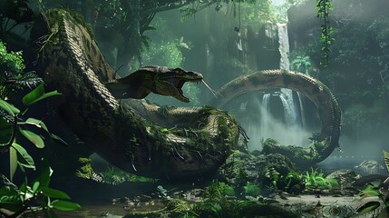 Titanoboa coiled around mammoth carcass jaws wide prepares devour its prey The scene is set in a lush green jungle with a waterfall in the background creating a juxtaposition of beauty and brutality
