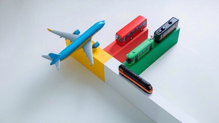 Fototapeta premium Colorful transportation models including a plane, bus, tram, and train arranged artistically on a minimalistic background.