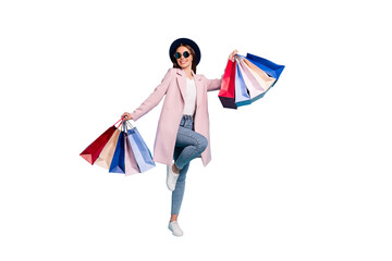 100% sales! Full body photo of enthusiastic candid lady in eyewear eyeglasses go shopping buy...