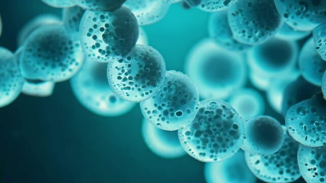 Highly detailed close-up video of streptococcus bacteria, showing the spherical cells with textured surfaces in a fluid environment