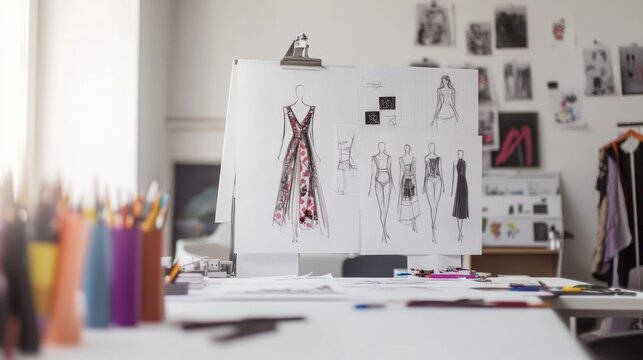 Clothing design studio with sketch drawing concept on white board. large tailor's desk mannequins numerous sketches pinned on wall sewing machines tailoring items and half-finished garments on rails