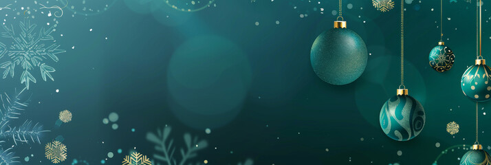 Festive turquoise background Christmas snowflakes dark teal background hanging ornaments and snowflakes, creating an elegant festive atmosphere for a holiday web banner design