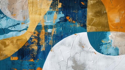 abstract artwork featuring bold sweeps of blue gold beige orange and brown avantgarde patterns and textures evoke the richness of oil paint creating a captivating interplay of color and form