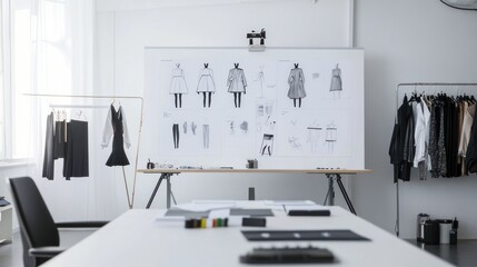 Clothing design studio with sketch drawing concept on white board. large tailor's desk mannequins numerous sketches pinned on wall sewing machines tailoring items and half-finished garments on rails