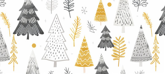 Seamless pattern of hand-drawn festive Christmas trees shapes in various sizes, paper, white background