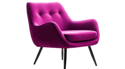 A vibrant, stylish fuchsia armchair stands out against a black background, conveying a sense of modern elegance and comfort.  