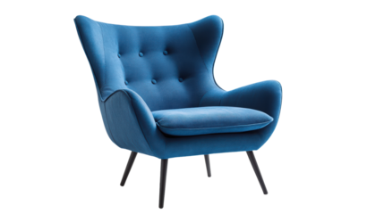 A stylish, blue velvet armchair sits invitingly against a dark background. The chair's soft curves and deep blue color evoke a sense of comfort and relaxation. 