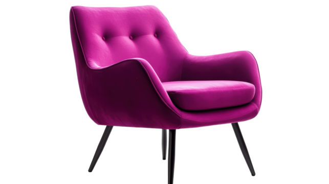 A vibrant, stylish fuchsia armchair stands out against a black background, conveying a sense of modern elegance and comfort.  