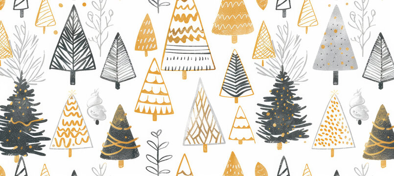 Seamless pattern of hand-drawn festive Christmas trees shapes in various sizes, paper, white background - Powered by Adobe
