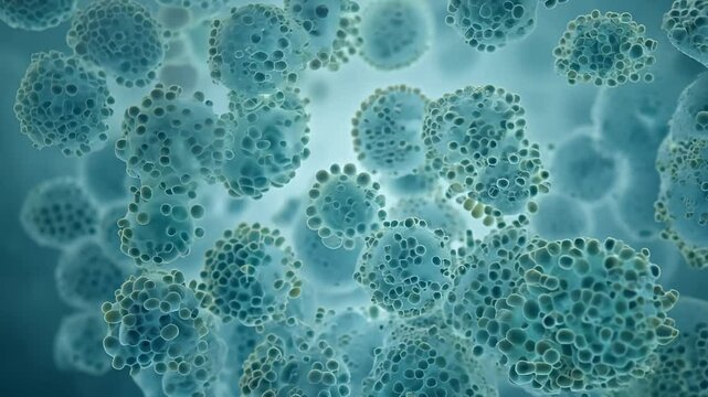 Highly detailed close-up video of golden Staphylococcus aureus bacteria, showcasing their spherical structure with a textured surface in a fluid environment

