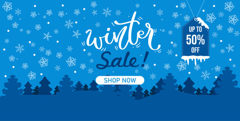 Fototapeta premium Winter sale banner template with snow flakes. Ice snow shopping sale. Winter Vector illustration
