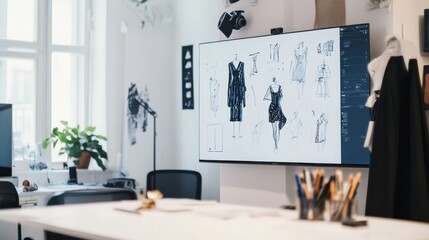 Clothing design studio with sketch drawing concept on white board. large tailor's desk mannequins numerous sketches pinned on wall sewing machines tailoring items and half-finished garments on rails