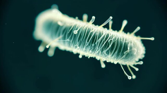 Highly detailed close-up video of a spirilla bacterium floating in a dark, fluid environment, highlighting its unique helical structure and fine details
