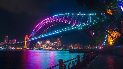 Fototapeta premium 99. **Depict the Sydney Harbour Bridge during a vibrant festival with colorful lights and fireworks lighting up the night sky.**