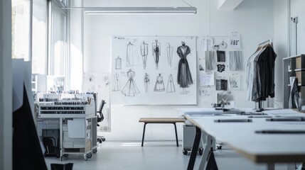 Clothing design studio with sketch drawing concept on white board. large tailor's desk mannequins numerous sketches pinned on wall sewing machines tailoring items and half-finished garments on rails