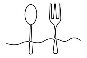 One continuous one line hand drawn plate, knife and fork Simple sketch design isolated on white background. outline Vector illustration