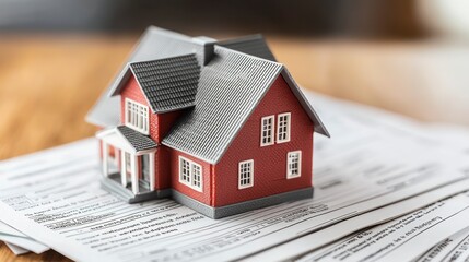Miniature red house on top of mortgage documents representing real estate investment