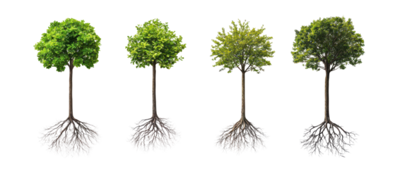 Four trees depict seasonal changes isolate on transparent background, cutout, png