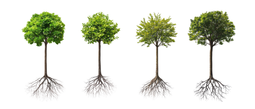 Four trees depict seasonal changes isolate on transparent background, cutout, png