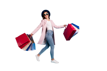 Full length photo of cheerful funky lady tourist in eyewear eyeglasses go shopping buy sales discount wear pink retro vintage coat denim jeans isolated over blue background