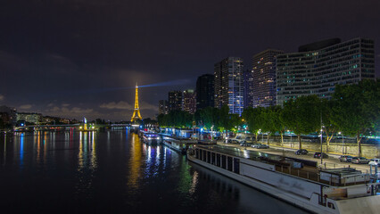 The Statue of Liberty and the Eiffel Tower night timelapse hyperlapse. Paris, France