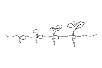 Continuous one line drawing of plant growth processing from seed outline vector art illustration 
