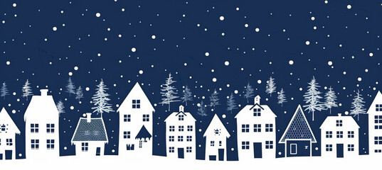 Cute festive Christmas winter landscape with snow, in the style of paper cut vector illustration on a blue background. Santa Claus in his sleigh is flying through the sky, with reindeer behind him.