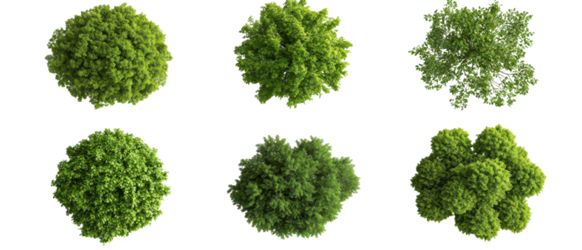 Top view, Set of six unique green trees isolate on transparent background, cutout, png - Powered by Adobe
