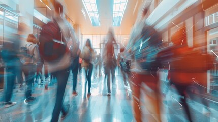 academic energy flow blurred students merging with swirling knowledge streams campus setting dynamic motion empowering education concept