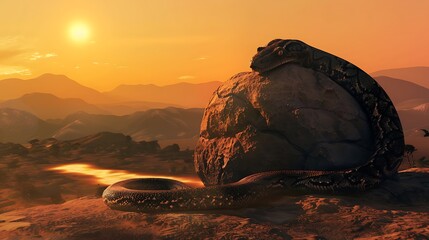 Titanoboa coiled around a massive boulder in a prehistoric landscape with distant mountains and a setting sun The snake's silhouette is imposing and majestic