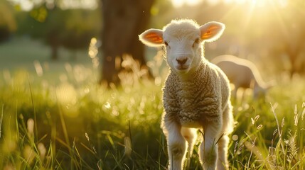 Obraz premium adorable young lamb with fluffy white wool stands in lush green meadow sunlight highlights its innocent eyes and soft features