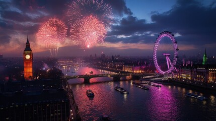 Spectacular Fireworks Display Over the River Thames in London, England
